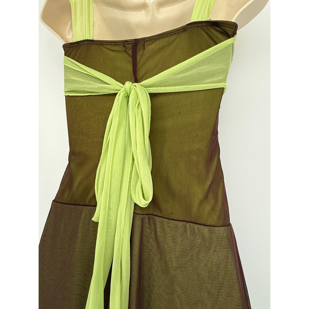 Brown‎ Lime Mesh Hi Low Dress Y2K Fairycore Ruched Asymmetrical Forest Grunge - Picture 6 of 16